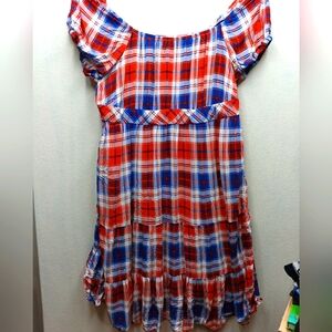 Torrid Challis Puff Sleeve Tiered Maxi Dress Plaid Red & Blue 4 4X 26 #B47250